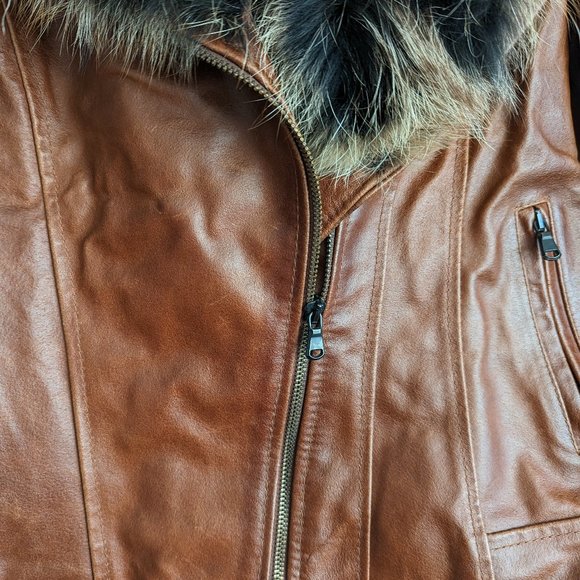 Real Fox Fur Trim Quilted Leather Biker Jacket - Picture 3 of 11